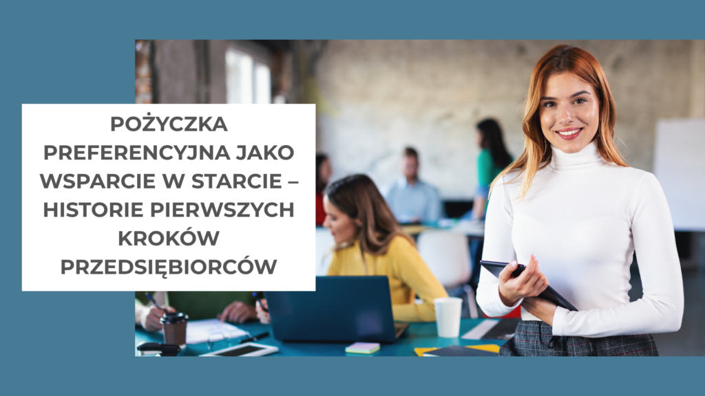kobieta w białym golfie, stoi w biurze, twarzą do aparatu. W tle ludzie procują.